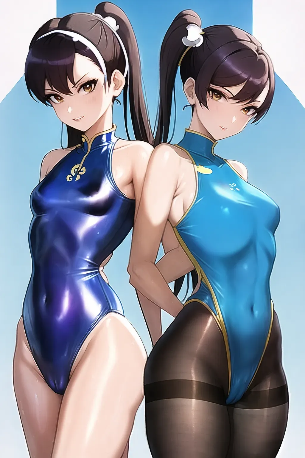 flat chested chun li wearing a shiny plastic one piece swim suit and pantyhose wet