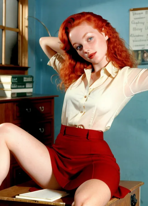a film clip of, italian pornstar Shalimar, lifting skirt to show pussy, sitting on a desk, redhead, pale skin, skinny, small tits, sexy school_uniform, vintage 1990s porn