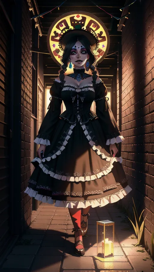 Young Mexican Latina, Dia de los muertos, sugar skulls, LA Calavera Caterina, Mexican dead woman make-up, Mexican gothic dress, highly detailed, hyperrealistic details, dense, atmospheric, cinematic, octane render, unreal engine, hyperrealistic, Blender Model, Detailed render, Environment design, vivid colors, Tungsten lights, Raytracing, absurdres, UHD, HDH, HDRi, 8k, 16k, 32k