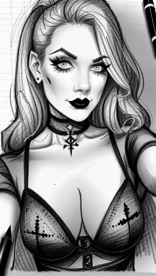 sketch of beautiful goth girl taking selfie, ((pencil sketch on lined paper)), art, amateur rapid pencil sketch, guide lines visible, shading, amateur pencil sketch of woman, pencil sketch of goth, drawing, lined paper sketch, drawing of beautiful goth girl, pencil drawing of goth, erasure marks all over, gray shading in cleavage area, gray pencil shading on face, guidelines on face,