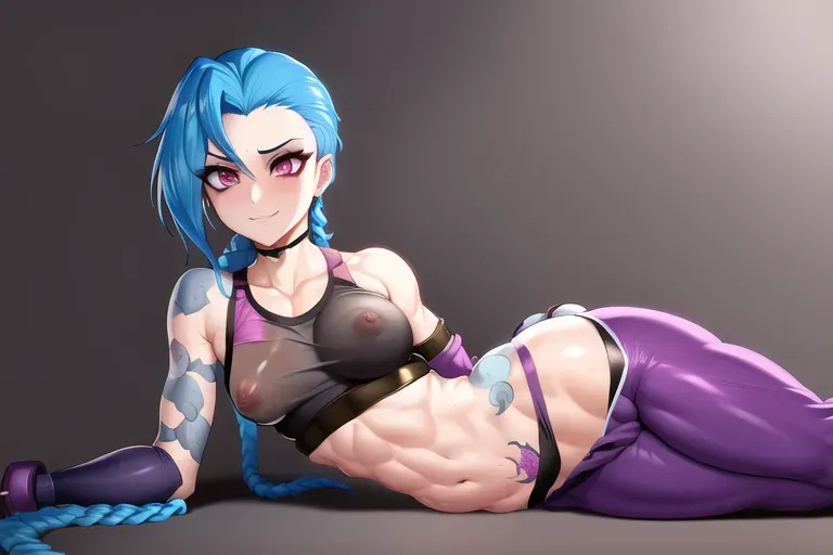 (JinxLol:1.1),1futa,gym uniform,covered nipples,see-through,wet,small breasts,arm tattoo,stomach tattoo, pant bulge, balls, <lora:dpmg_lol_jinx:1>