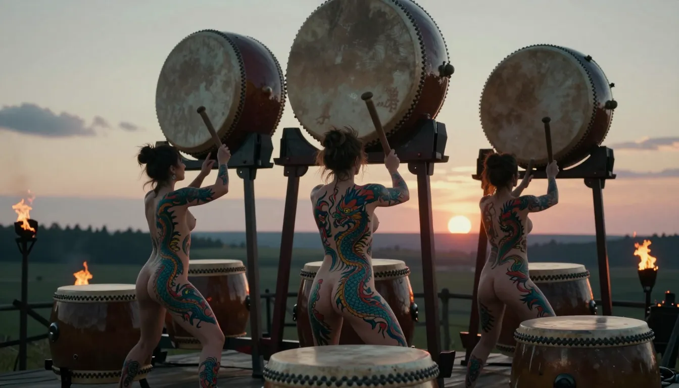 (3 hot women in a row are playing the huge taiko drums on a top of a tower in the medieval countryside after sunset). All of them are naked. (All of them have a (((huge intricate coloured tattoo of dragons covering her whole body from her shoulders to her feet)))). Each woman has this intricate Dragons tattoo. All of them are holding a thick stick in each hand, They are synchronized and they are hitting their own drum with one stick in the same hand.
All of them have the same bun haircut. Athletic bodies, the muscles are highlighted by the interplay of light and shadow.
There is a different taiko for each woman.
The drums are set vertically and they are huge and tall.
(Swedish torches on the sides of the platform).
Back view.
The sun has just finished to set on the horizon. Medieval age.
Bokeh. HDR.Dozens of campfires in background. Vivid colours.