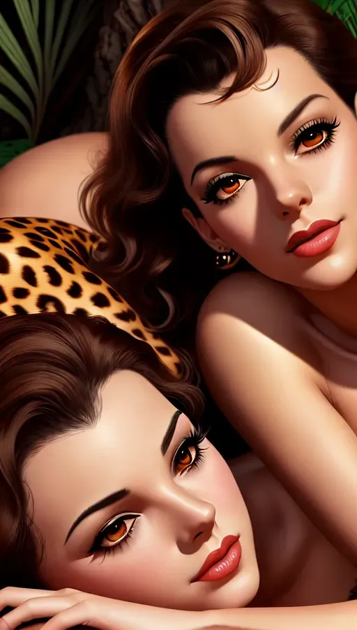an ultra realistic digital painting of,Judy Garland and Tarzan, wearing a long cheetah print loincloth, topless, close up shot, lying down on top of each other kissing in an oasis, intimate, small breasts,skinny body,long hair,five slender fingers, longer hair,charming face,seductive gaze,beautiful lips,curved eyebrows,smooth skin,peaceful,highly detailed,brown eyes,cgsociety,evening,editorial,sharp focus,pixiv, long eye lashes, small ass