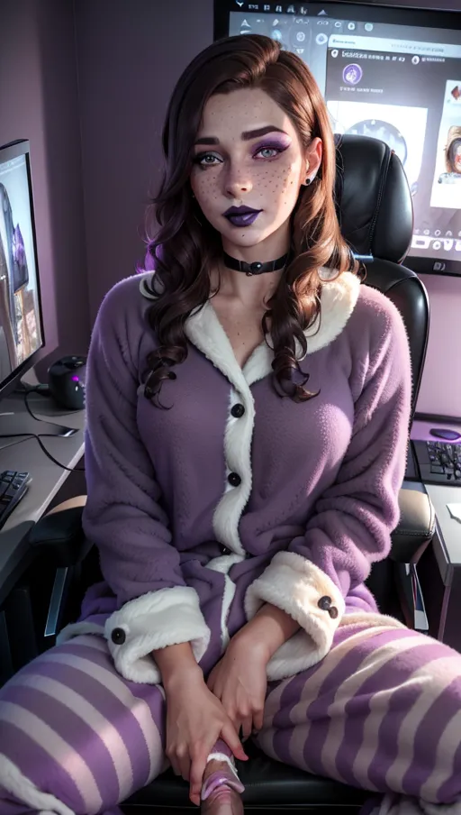 photorealistic, 8k, accurate face, detailed face, (((replicate inspiration face))), freckles, (black lipstick), brown hair,
wearing, fuzzy pyjamas, sat in gaming chair, soft hanging penis between legs,
location is bedroom with purple walls, gaming desk,