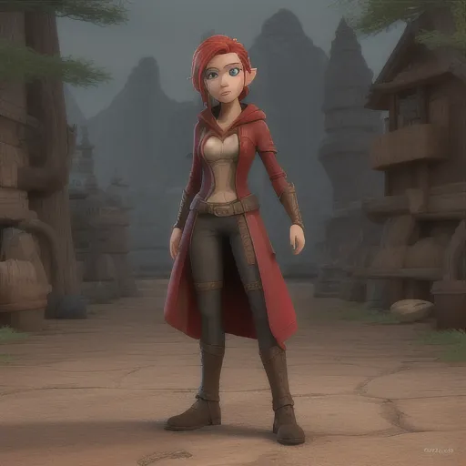 Dopamine Girl - half elf, female, red hair, rogue, black hooded cape ...