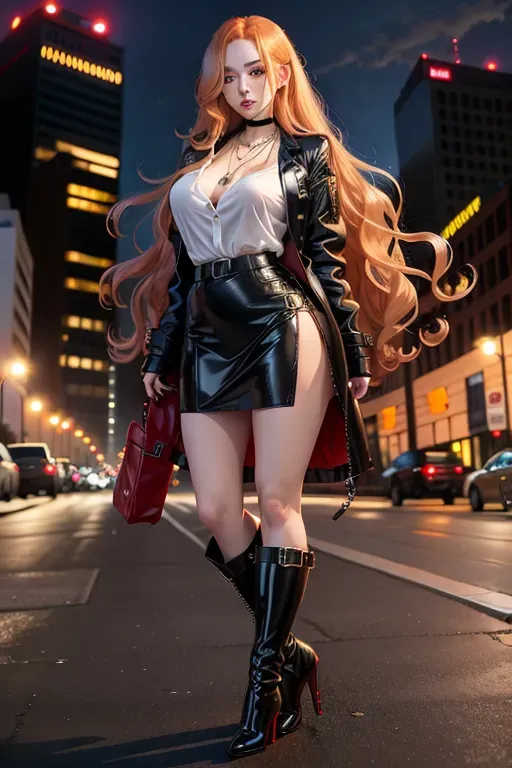 full body, strawberry blonde hair, hazel eyes, short girl, black miniskirt, black high heel boots, looking at viewer, long hair, pale skin, silver necklace, black shirt, 24 years old, giant breasts, cute face, pov, wavy hair, city environment, Oklahoma City, wide eyes, erotic, skirt tug, red trench coat, nighttime, black backpack