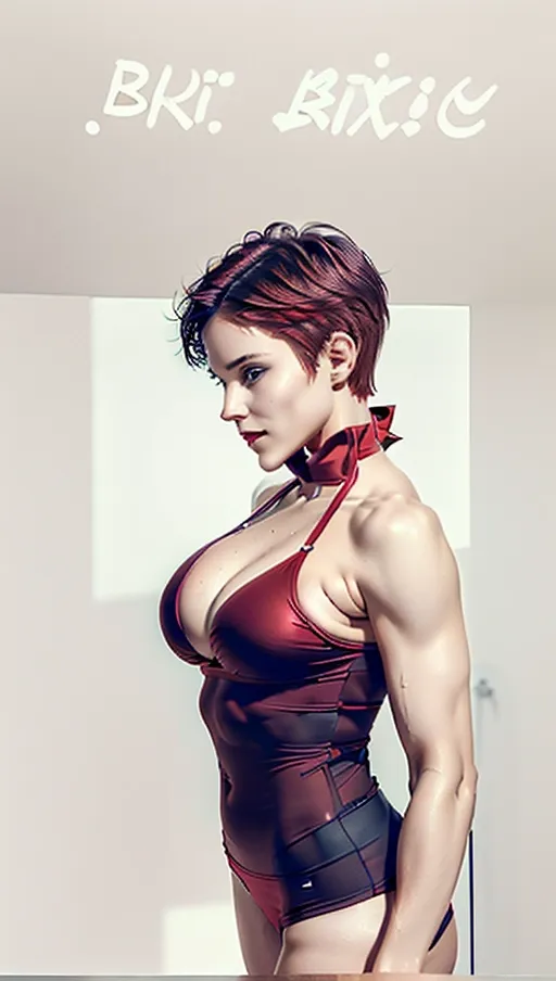 Female, very short pixie cut, large breasts, athletic toned body, wearing a red bikini