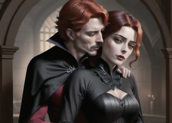 an older distinguished short black-haired masculine Dracula with very high collared cape, embracing Sweet innocent beautiful elegant auburn haired in a low bun Queen Anna of Arendelle in green portrayed by Willa Holland deeply hypnotized and enthralled lips parted in arousal, fingering recent hickey on her neck from behind kissing her neck. PHOTOREALISTIC.