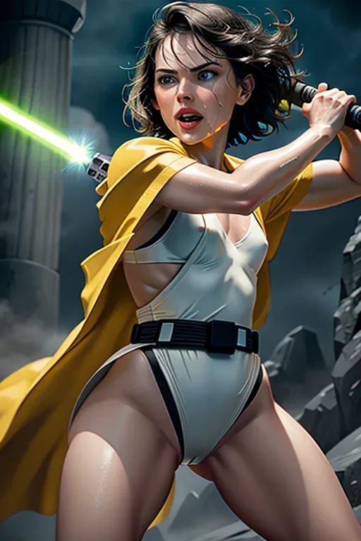 Daisy Ridley, tits out, Jedi, babe, facial ridges, small nose, strong cheek bones, soft cheeks, red full lips, mouth open, happy, curvy, small breasts, thin waist, thick ass, full thighs, short yellow robes, robes blowing in the wind, no panties, black belt, thigh high fishnets, holding a green double bladed lightsaber like a warrior, aroused clit, wet vagina, fighting, high definition, great lighting, 4k quality, squirting