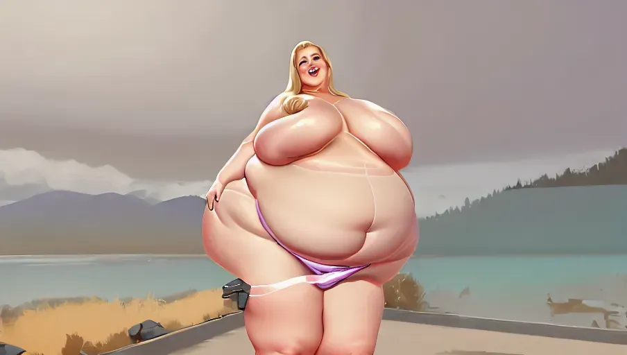 a digital painting of a happy ussbbw fat blonde woman