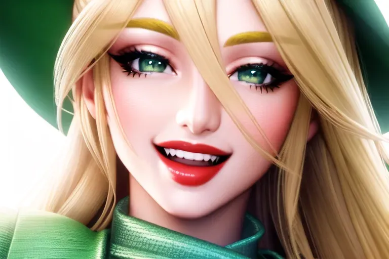 an ultra realistic photograph of,blonde,long blonde hair,green eyes, laughing, big nose, open mouth smile, gorgeous face, crooked nose,beautiful lips, lipstick,red lips,curved eyebrows,curved eyelid,textured skin, highly detailed,cgsociety,sharp focus,artstation,film style,happy,(smiling),white teeth, excited, long hair,looking at camera