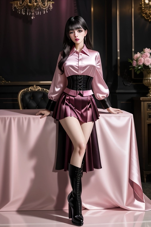 RAW photo, Professional, HDR, UHD, full body portrait, 64k, tall woman, large tits, asymmetrical bangs ( pink satin blouse:1.3),(black skirt:1.3), boots, corset, seductive, lipstick, detailed eyes, fake eyelashes, eyeshadow, elaborate jewelry, indoors