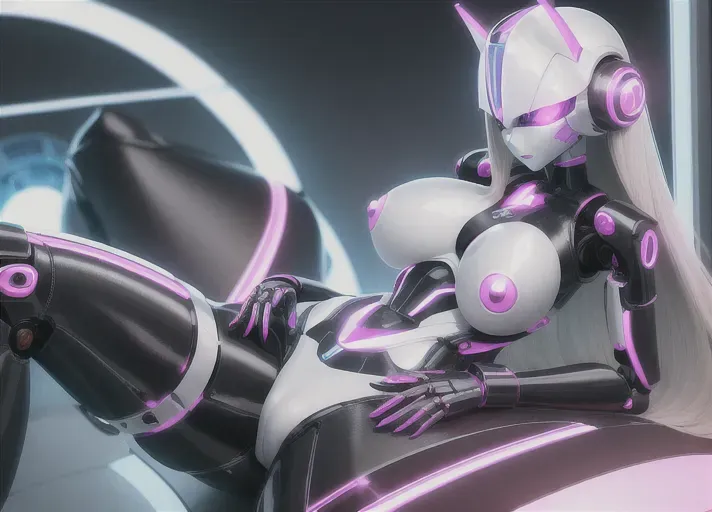futuristic robot Sexbot with real tits and pussy, sitting with legs spread, very small breasts, tiny tits, very long luminescent hair, vagina turned up, Skinny body, robot face, robot head, tattooed pubic hair, sexy, provocative, desirable, whore, robot parts, robot face, robot eyes, city background, knees up, looking away, human pussy, human vagina, natural open vagina, pointing at viewer