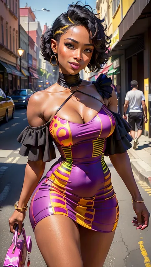 A professional photograph, (a beautiful hot black woman (19) is walking with her leashed panther during a hot morning in a modern African city, African haircut, (in a sexy African (colourful:1.6) dress with (((broad shoulder))) and neckline), sunshade, (smile:1.2), beautiful face, beautiful grey eyes, highly detailed, perfect small breast, perfect hands, ((close-up)), (glistening with sweat:1.1), vivid colours, bokeh, cinematic lighting, cinematic composition, 32k, HDR, highest quality, highest resolution, (photorealist:1.72),(photorealism:1.72), (masterpiece:1.18), --s 750 --v 5.2