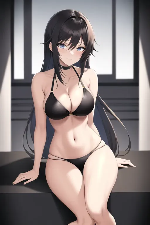 illustration, 20 year old, an anime girl, fit, bikini, black, house party, day time, studio light, happy, 8k, professional, sitting down