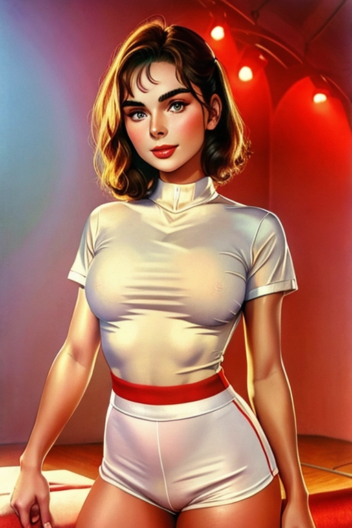 Colour painting of a young Jean Simmons ((accurate face)), in nostalgic white and red gym uniform, ((bare thighs)), smooth skin, sexy butt, fine beautiful body, (detailed skin features),(detailed face features), beautiful face, (detailed body features), beautiful eyes,
