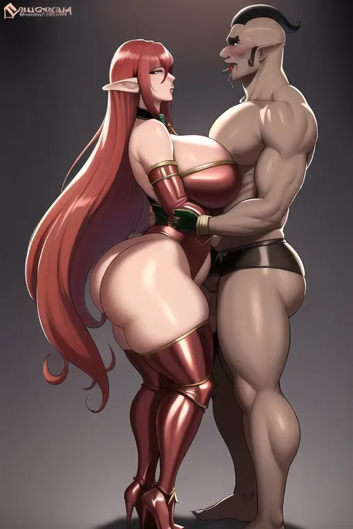 huge boobs, huge ass, on knees, elven princess, slave collar, red hair, hourglass figure, 8k, dark light, sucking dick, wide shot, glistening skin, dpmg_side_deepthroat_v1, dungeon, orc master, orc male, elven female, elf girl