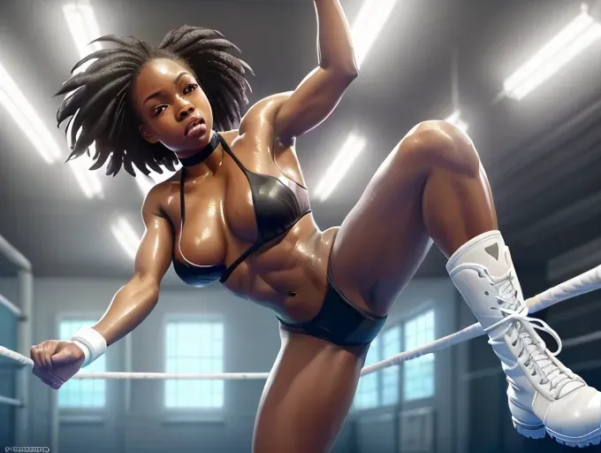 Full body portrait of an athletic black girl, standing, in a wrestling ring, wearing a white micro bikini and white wrestling boots, smooth soft skin, big dreamy eyes, beautiful intricate colored hair, five finger hands, symmetrical, a wide eyes, soft lighting, detailed face, by rossdraws, concept art, digital painting, looking into camera