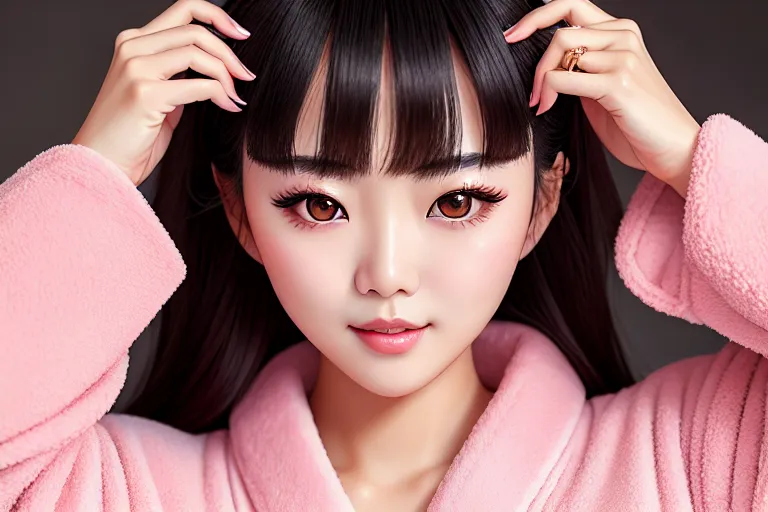 a color pencil draw of,a korean girl,wearing bathrobe,outdoor,natural breasts,five slender fingers,bangs hairstyle,charming face,beautiful lips,detailed large eyes,curved eyebrows,curved eyelid,smooth skin,joyful,wearing golden ring,smooth,surreal,studio lighting,pixiv,professional
