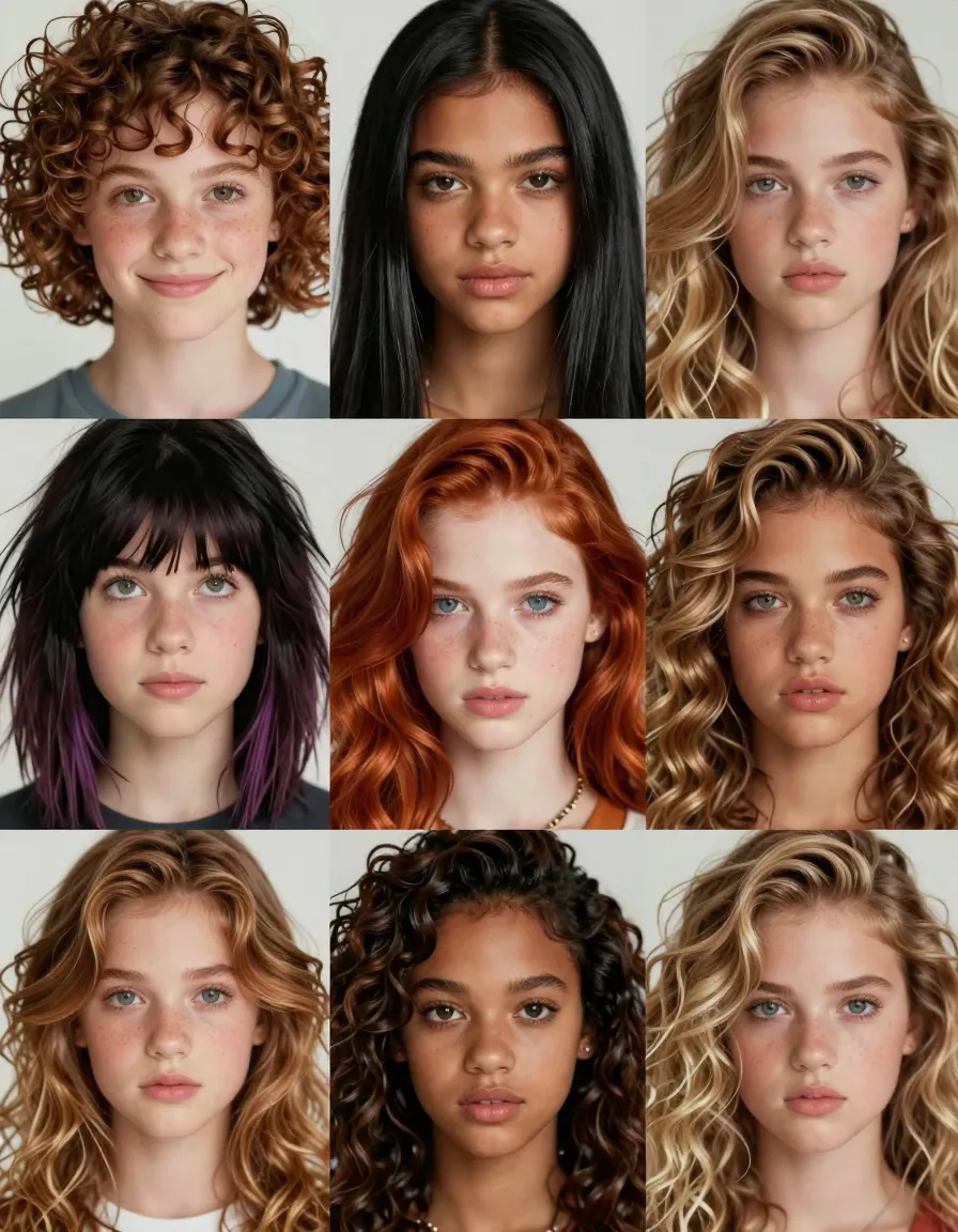 Okay, let’s dive into this prompt.**Number of Girls:** 9, one for each age from 10 to 18.**Appearance:**1. **10-Year-Old:** - **Ethnicity:** Light olive skin. - **Hair:** Short, curly chestnut brown with hints of honey. - **Eyes:** Almond-shaped hazel. - **Features:** Small, upturned nose; freckles across cheeks. - **Expression:** Curious smile, slightly mischievous.2. **11-Year-Old:** - **Ethnicity:** Soft porcelain skin. - **Hair:** Long, wavy light blonde cascading over shoulders. - **Eyes:** Large, light grey. - **Features:** Round face, shiny lacquered lips. - **Expression:** Smug satisfaction, knowing look.3. **12-Year-Old:** - **Ethnicity:** Light golden tan. - **Hair:** Mid-back length, straight jet black with subtle highlights of platinum. - **Eyes:** Intense, deep brown. - **Features:** Defined cheekbones, button nose. - **Expression:** Playful smirk.4. **13-Year-Old:** - **Ethnicity:** Warm cinnamon skin. - **Hair:** Pixie cut raven black with hints of purple under sunlight. - **Eyes:** Round, curious green. - **Features:** Chubby cheeks, pursed lips. - **Expression:** Thoughtful, dreamy gaze upward.5. **14-Year-Old:** - **Ethnicity:** Clear, alabaster skin. - **Hair:** Shoulder-length waves of flaming red with copper undertones. - **Eyes:** Piercing azure blue. - **Features:** Narrow nose, delicate jawline. - **Expression:** Confidently bold, lips parted slightly.6. **15-Year-Old:** - **Ethnicity:** Warm café au lait complexion. - **Hair:** Loose curls of sandy blonde. - **Eyes:** Large, light green with faint gold flecks. - **Features:** Strong chin, high cheekbones. - **Expression:** Wistful, lost in thought.7. **16-Year-Old:** - **Ethnicity:** Light bronzed