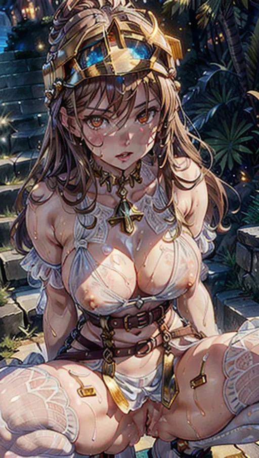 Best quality, high res, 1 adult woman, solo, (a breathtaking masterpiece of close up low angle shot from directly beneath of a fierce muscular female gladiator with golden eyes and long brown hair and gladiator helmet squatting with legs wide apart covered in cum on outdoor stone steps under starry night, straight brown hair), (golden sexy boob armour and belts:1.22), (long flowing white see through dress like greek philosopher with pussy exposed:1.1), nipples slipping outside of white dress, (perfect hands, perfect legs), (correct human anatomy, functionally nude and covered in cum, exposed shoulders), cowgirl pov showing perfect pussy squatting with legs spread wide apart, (extremely detailed gold narrow eyes:1.3), looking down at viewer, (extremely detailed face with angry expression:1.35), (beautiful detailed lips moaning with joy:1.2), stunning dreamy atmosphere, beautiful colourful nighttime lighting, vivid colours, cinematic composition from directly beneath during night, soft artwork, (candid:1.1), (flat shading stylised art:1.27), <lora:dpmg_add_detail:1>, (physically-based ray tracing, photon mapping, photorealistic:1.2), (high resolution masterpiece, 4k, HDR, UHD:1.2), (roman empire architecture and starry sky background), 4k, HDR, UHD, wet pussy dripping with cum, <lora:realistic_pussy:0.4>, <lora:dpmg_pov_from_below:0.4>, <lora:dpmg_pov_cowgirl:0.4>, partially undressed, muscular woman, sexy armour with gladiator helmet, <lora:bukkake:0.4>