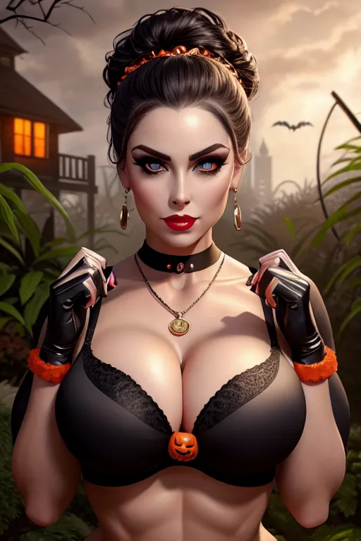 a oil painting of,a fitness model,wearing halloween clothes,in the garden,big breasts,five slender fingers,updo hair,beautiful face,beautiful lips,detailed large eyes,curved eyebrows,pale skin,cosy,wearing necklace,ultra realistic,smooth,surreal,artstation,unreal engine