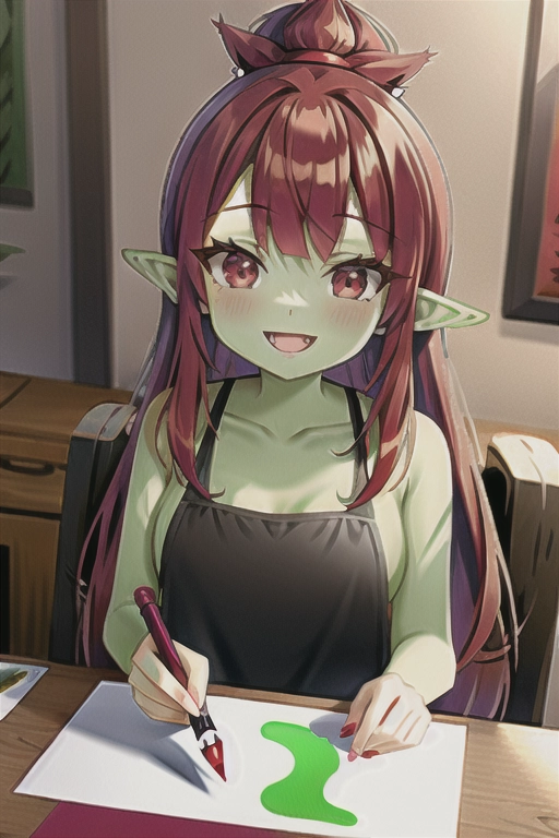 Red head goblin girl, green skin, pointy ears, holding paint brush, drawing, cute, happy,
<lora:headpat:1> <lora:virgin_destroyer:1>