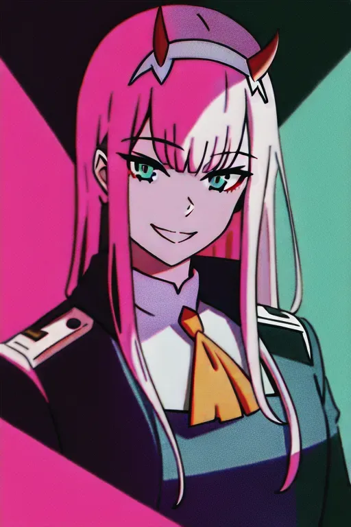 very detailed background, masterpiece, best quality, 1girl, solo, ((masterpiece, best quality)),best aesthetic, zero two (darling in the franxx), darling in the franxx, 1girl, ascot, bangs, blue background, green eyes, hairband, horns, long hair, long sleeves, looking at viewer, red jacket, closed jacket, military uniform, oni horns, orange ascot, pink hair, red horns, cyberpunk background, city at night, vibrant nightlife, smile, solo, walking, uniform, white hairband, ((masterpiece)), <lora:dpmg_zerotwo:1>