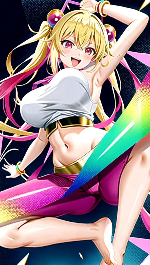 anime studio trigger woman, JUMPING, bare feet, midriff, hips, seen from the front, large pink eyes, in the style of goddess of victory nikke, blissful ecstatic expression, wearing multi coloured chromatic metallic yoga pants nightshort blonde hair 4 arms like a machamp gold arms mechanical arms (((( large breasts))))