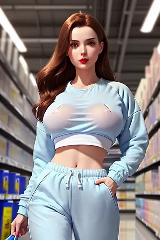 a full length, photorealistic image of a beautiful woman looking at the shelves of paint in the aisle of a hardware store, standing on tip toes, wearing (((loose pale blue tracksuit bottoms))), ((white trainers)), and a (((very tight semi transparent blue tshirt tucked into trousers))), with t shirt bra showing through fabric, with perfectly outlined, ((massive natural breasts, barely contained within the top)) thin waist, short torso, five slender fingers, beautiful face, beautiful red lips,brown straight dark brown hair to shoulders,cinematic lighting,sharp focus,cgsociety,ultra realistic,editorial