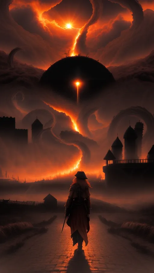 Sunset sky,
Burning sky,
Fiery sky,
The sunset is sprouting solar flare tentacles burning the dusk sky and the village beneath it
