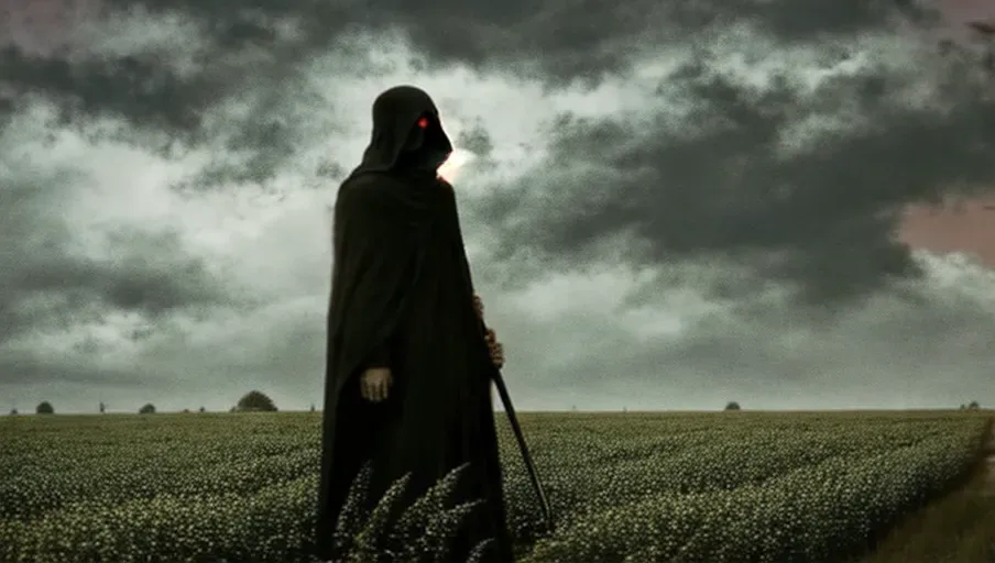 grim reaper,no face, corn field, corn growing,scythe ,gloomy sky