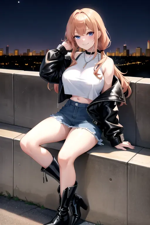 full body, strawberry blonde hair, hazel eyes, short girl, denim miniskirt, black high heeled boots, looking at viewer, long hair, pale skin, silver necklace, black crop top, 24 years old, giant breasts, cute face, pov, wavy hair, city environment, Oklahoma City, wide eyes, erotic, skirt tug, leather jacket, nighttime, black backpack, slim body, low pigtails, sitting on wall, smiling