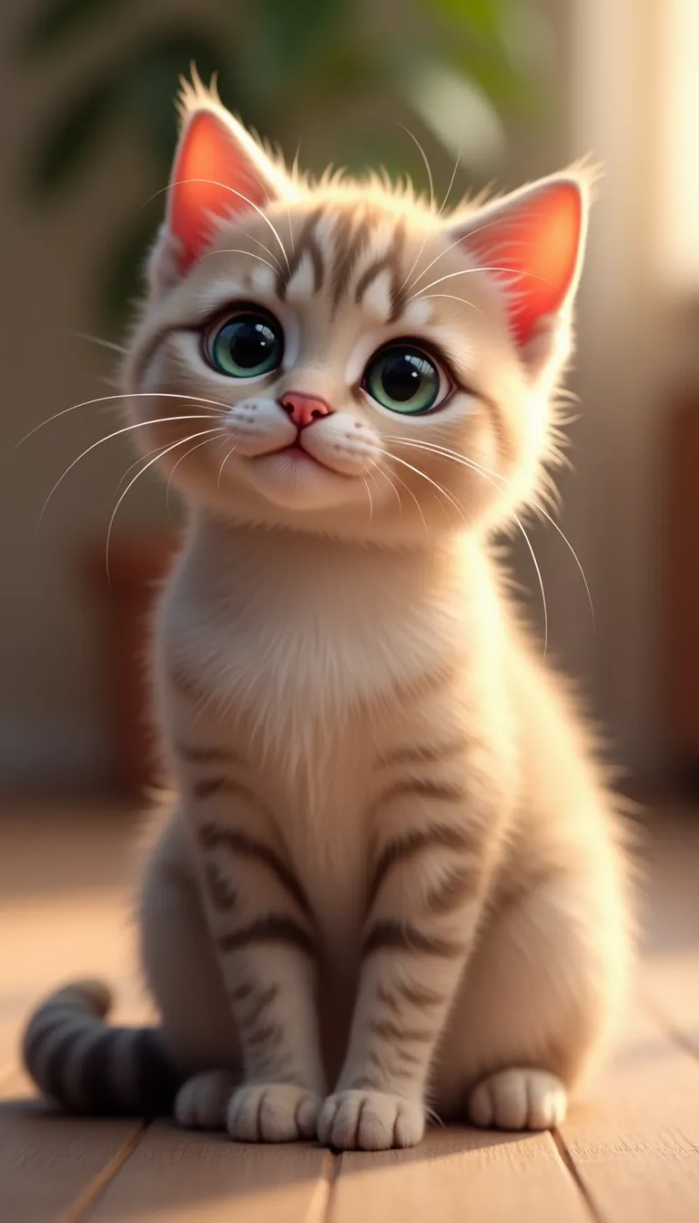 A cute cat sitting gracefully, with big expressive eyes and a fluffy tail curled around its paws. The background is softly blurred, featuring a cozy indoor setting with warm lighting. The cat has a playful expression, with its ears perked up and a slight tilt to its head. The fur is detailed, showing subtle variations in color and texture. The composition follows a 9:16 aspect ratio, perfect for a portrait-oriented image, with the cat centered to draw focus. The style is realistic with a touch of whimsy, enhancing the cat's adorable features.