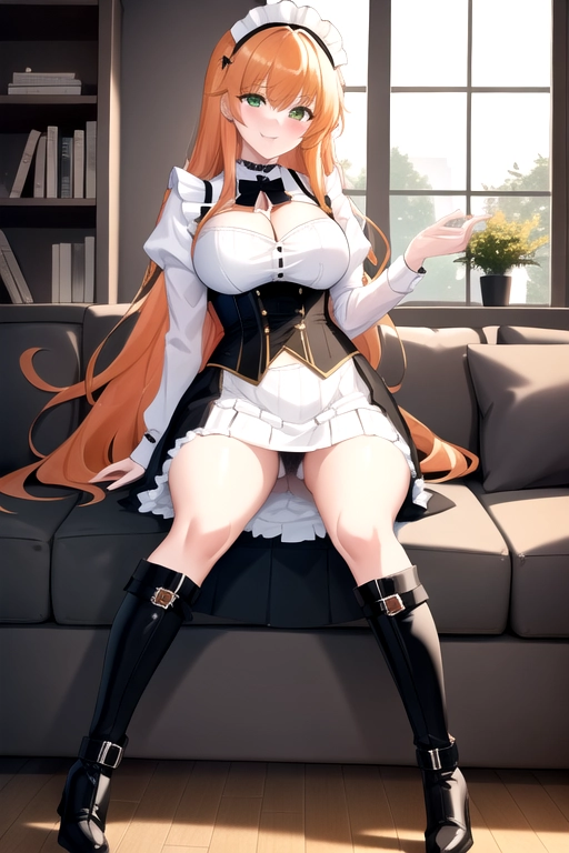 long hair, pale skin, orange hair, green eyes, black choker, giant H-cup breasts, wavy hair, white maid uniform, smiling, full body photo, 28 years old, miniskirt, cleavage, high heels, corset, 8k quality, boots, in living room