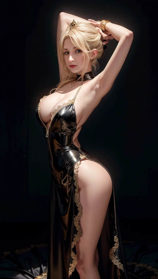 (photograph) of a (((skinny blonde princess wearing a elaborate black cocon dress with a long zipper over her back:1))), silk, petticoats, gold embroidery, plunging neckline, long silk gloves, elegant, (huge breasts), natural breasts, lip gloss, manicured nails, (sensual pose:1), aroused, flushed cheeks, flowers, frills, white lace, lace collar necklace, bows, (in a ballroom), (surrounded by gentlemen), long ponytail hairstyle, (full body view:1), (show her face:1.5), wedges,
detailed eyes, detailed face, particle effects, bokeh, ray tracing, cinematic, ultra sharp, clean lines, (14k resolution), hyper-realistic, detailed background, HDR, UHD, 64K, Highly detailed, ambient lighting, Professional, Trending on artstation, Unreal engine, Vivid Colors, <lora:dpmg_add_detail:0.6>, (she stretching her ass out:1.5)
