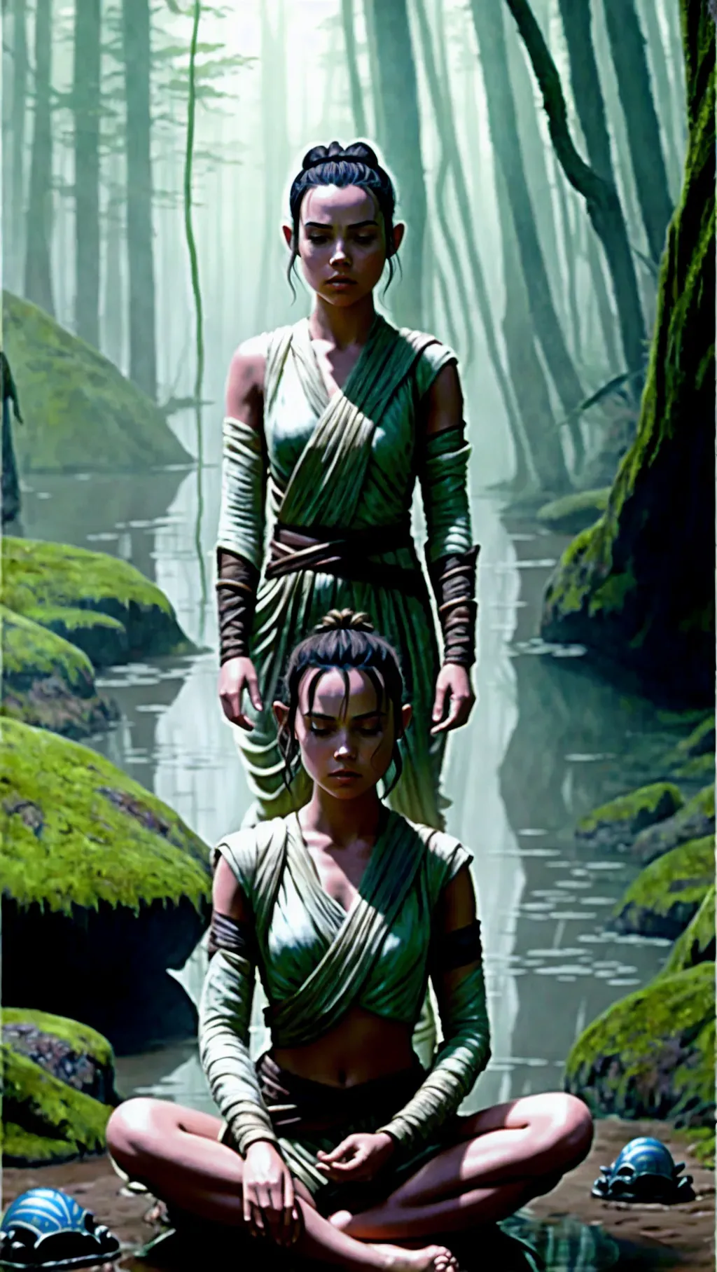 Dopamine Girl - barefoot Rey Skywalker wearing her normal attire while  meditating in the deep foggy Dagobah bog with alien creatures licking her  feet, barefoot, barefoot, barefoot, star wars, N7xrRELJxMg