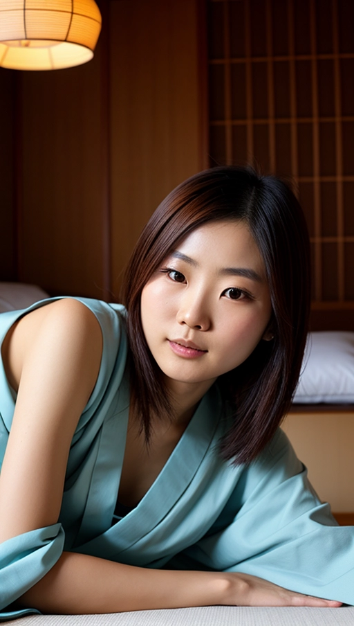 Young Japanese woman, late 20s, oval face, almond eyes, brown hair, shoulder-length, slim build, B-cup, yukata, light blue, tea ceremony host, enjoys calligraphy, Kyoto, ((lying peacefully)), serene expression, futon bedding, soft tatami mats, shoji screens, moonlight filtering, tranquil night, lying flat on futton, open kymono