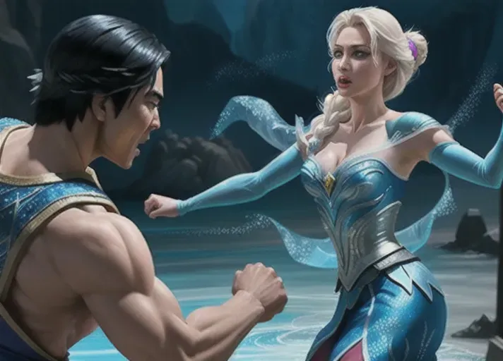 Beautiful sexy Elsa of Arendelle sparring with Sub-Zero of Mortal Kombat. photorealistic. Medium shot. low angle.