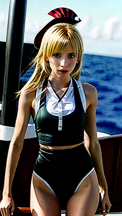 high quality photo of Emma Roberts as jewelry Bonney the pirate from One piece the manga, ((accurate face)), tight sexy Jewelry Bonney cosplay, small tight striped micro shorts with suspenders, tight thong underwear, tight white crop tank top, pink hair, slender skinny body, ready to fight, angry expression on face, on a pirate ship, background pirate ship at sea
