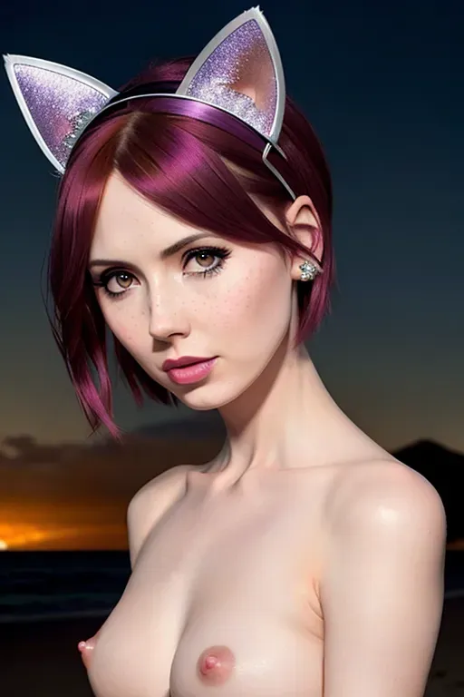 a photograph of,karen gillan with short hair ,topless medium breasts with pierced nipples,standing on beach at night, wearing purple skirt,cat ears, headband,gorgeous face,beautiful lips,detailed large eyes,curved eyebrows,curved eyelid,textured skin,ultra realistic,surreal,highly detailed,cgsociety,studio lighting,cheek freckles, cat ears, body tattoos,
