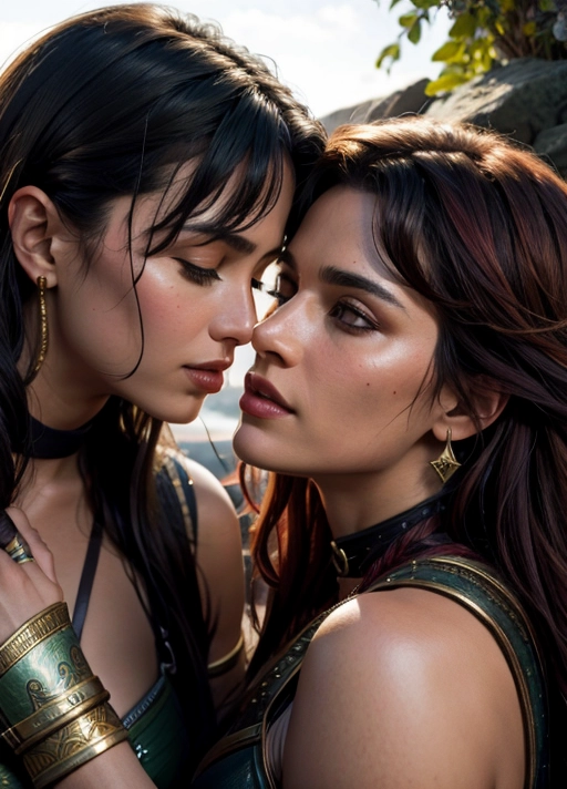 a professional photograph, Xena Warrior Princess and Gabrielle kissing, vivid colors, cinematic lighting, cinematic composition, 32k, HDR, highest quality, highest resolution, (photorealist:1.72), (photorealism:1.72), (masterpiece:1.18), --s 750