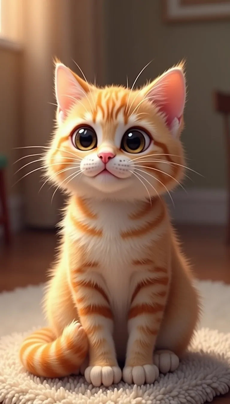 A cute cat sitting gracefully, with big expressive eyes and a fluffy tail curled around its paws. The background is softly blurred, featuring a cozy indoor setting with warm lighting. The cat has a playful expression, with its ears perked up and a slight tilt to its head. The fur is detailed, showing subtle variations in color and texture. The composition follows a 9:16 aspect ratio, perfect for a portrait-oriented image, with the cat centered to draw focus. The style is realistic with a touch of whimsy, enhancing the cat's adorable features.