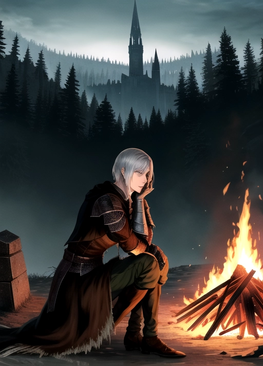 ((Dark souls)), Dark souls knight, sitting by bonfire, ruins in background,