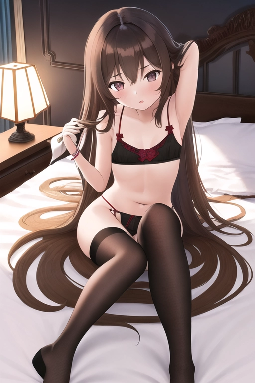 A picture, 1girl, long brown haired, hot, sexy pose on bed, <lora:black_underwear:1>, thong, hot, young female