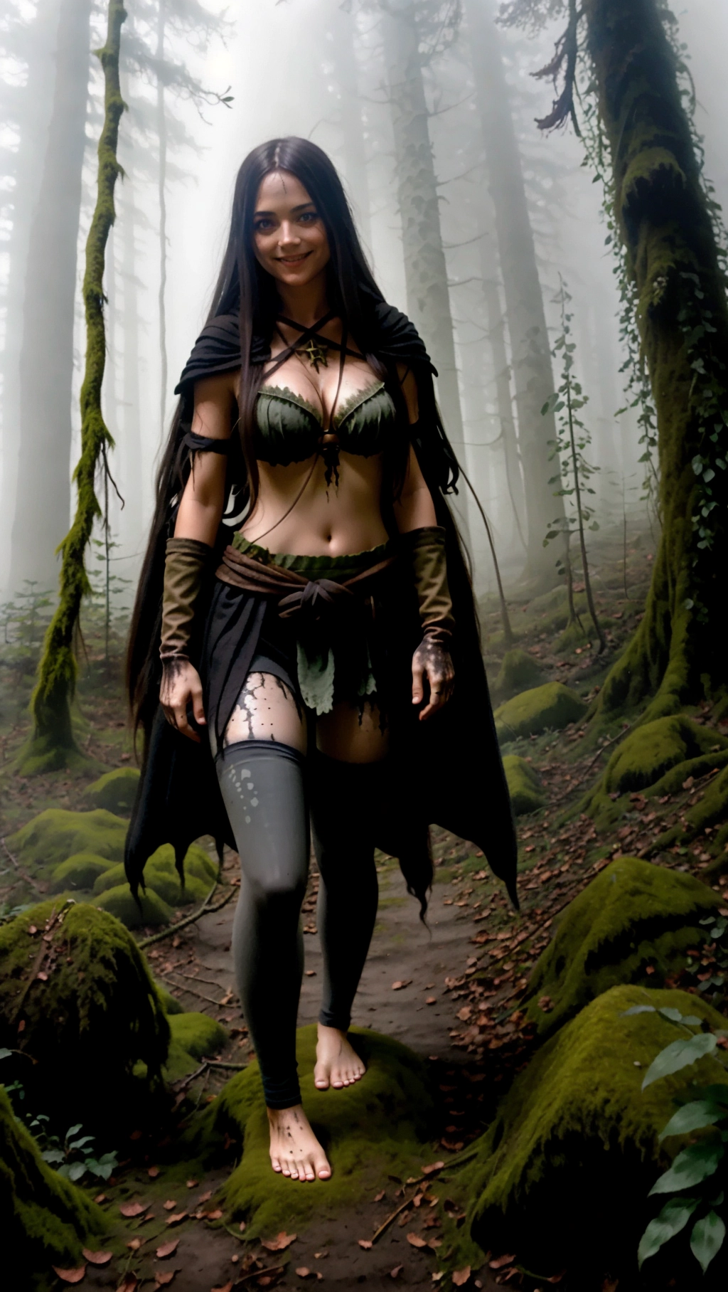 full-body image of a fit tan thin beautiful barefoot German adventurer woman with long hair wearing medieval adventurer attire while exploring a decaying forest, (beautiful petite feminine feet: 1.2), (barefoot: 1.3), (wearing warm black medieval adventurer attire: 1.2), (long dark hair: 1.2), (German woman: 1.3), (cursed foggy dark rotting decaying forest: 1.4), (black toenails: 1.2), (gloves: 1.2), (tights: 1.2), (magic glowing markings on feet: 1.3), (smug smirk: 1.2), (feet focus: 1.2),
