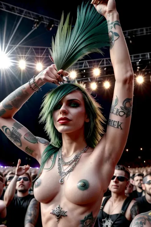 metal festival, crowd,punk women, green hair, tattoos, a lot of piercing,
greedy, solo, ((drunk)), drugged, (piercing),naked, full Body,
fit, dyke, abs,
high cheekbones, pale, milf, (short hair),
Sweating,
<lora:dpmg_add_detail:1.0>, (best quality),
beautiful, masterpiece,