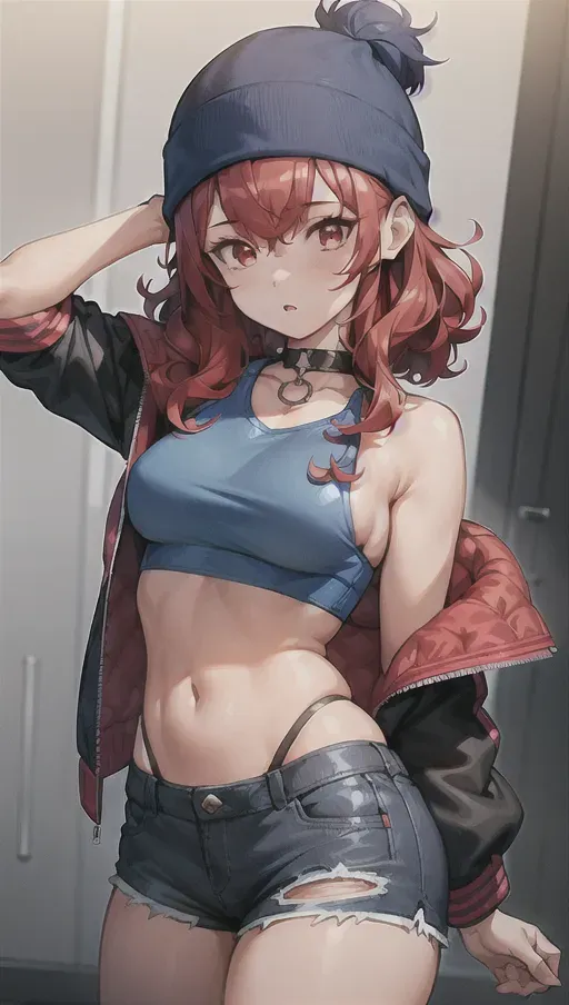 1girl, masterpiece, best quality, highly detailed, red hair, curly hair, (blue crop top with no bra), (dark blue) beanie, shorts, jacket at her elbows, mechanic