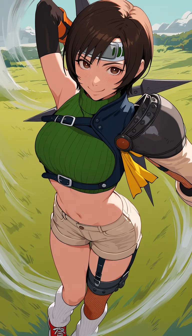 masterpiece, best quality, safe, 1girl, yuffie kisaragi, final fantasy, final fantasy vii, solo, standing, outdoors, brown hair, short hair, green turtleneck sweater, cropped sweater, crop top, shorts, socks, single shoulder pad, midriff, shuriken, holding weapon, dynamic pose