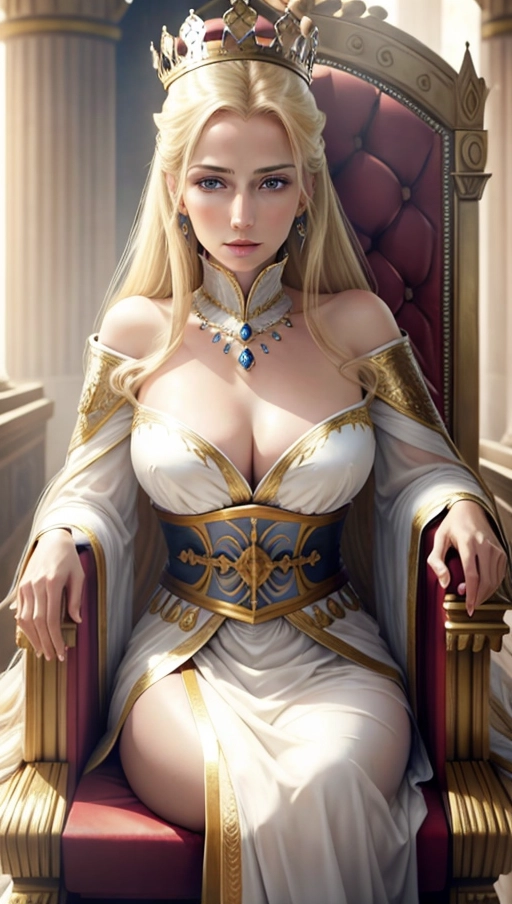 ((queen)), (((throne room))), blonde hair, blue eyes, pristine skin, ((elegant)), gorgeous, beautiful, (((mature age))), (((palace))), outside, (noon), (realistic lighting), (HDR), (UHD), ((((64k)))), bokeh, ((hyper realistic)), woman, human, ample breasts, ((extreme detail)), realistic body parts, ((realistic face)), realistic skin, (((sitting on throne)))